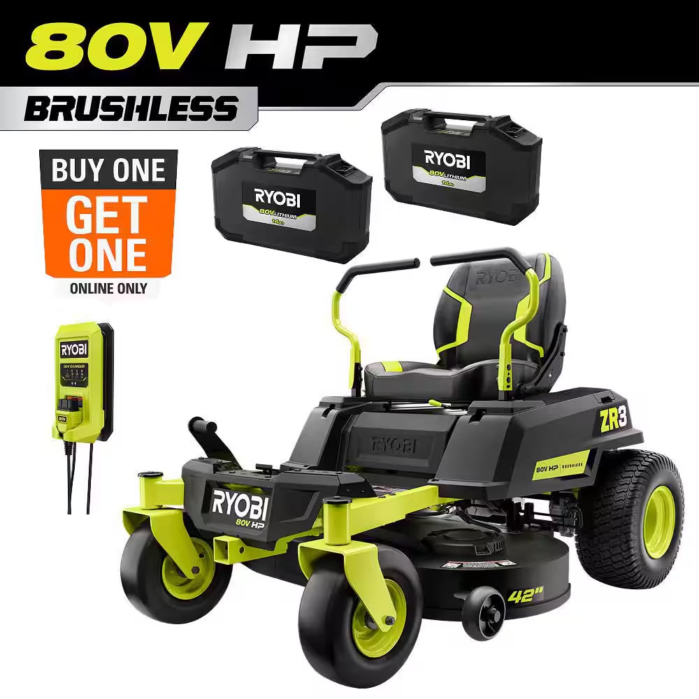 ZR3 80V HP Brushless 42 In. Electric Cordless ZTR Mower W/ Seat Suspension, Armrests, & Headlight-Batteries & Charger