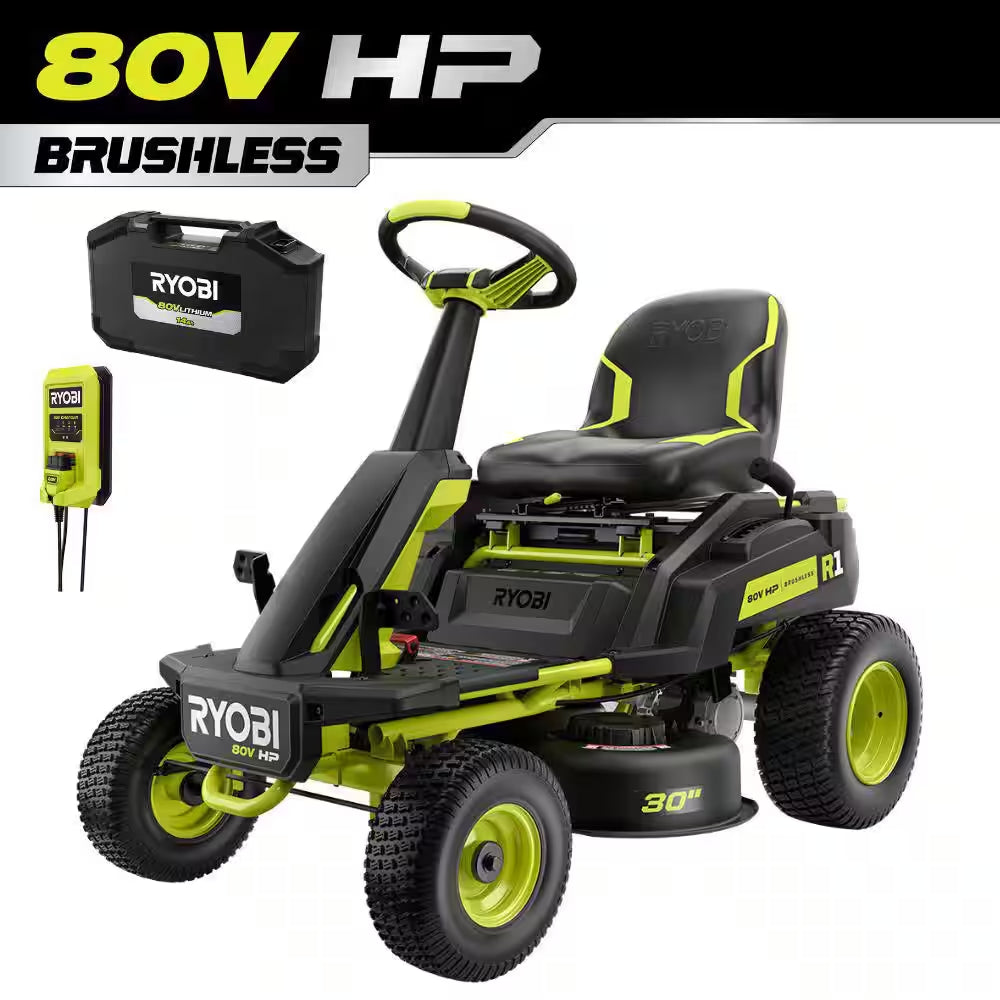 R1 80V HP Brushless Battery Cordless Electric 30 In. Riding Mower with Bagger, 14.0 Ah Battery and Charger