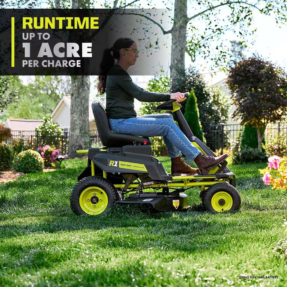 R1 80V HP Brushless Battery Cordless Electric 30 In. Riding Mower with Bagger, 14.0 Ah Battery and Charger
