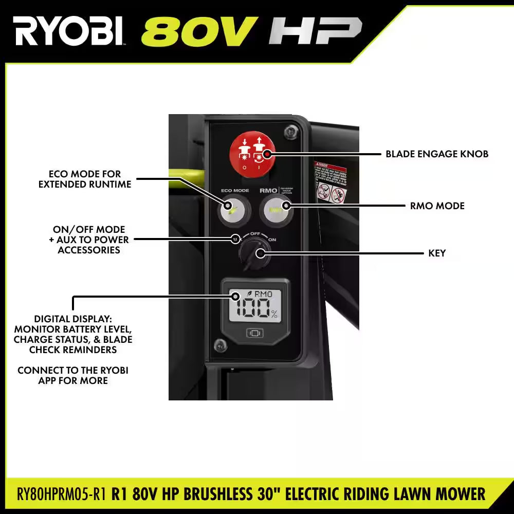 R1 80V HP Brushless Lithium Battery Cordless Electric 30 In. Riding Lawn Mower with 14 Ah Battery and Charger