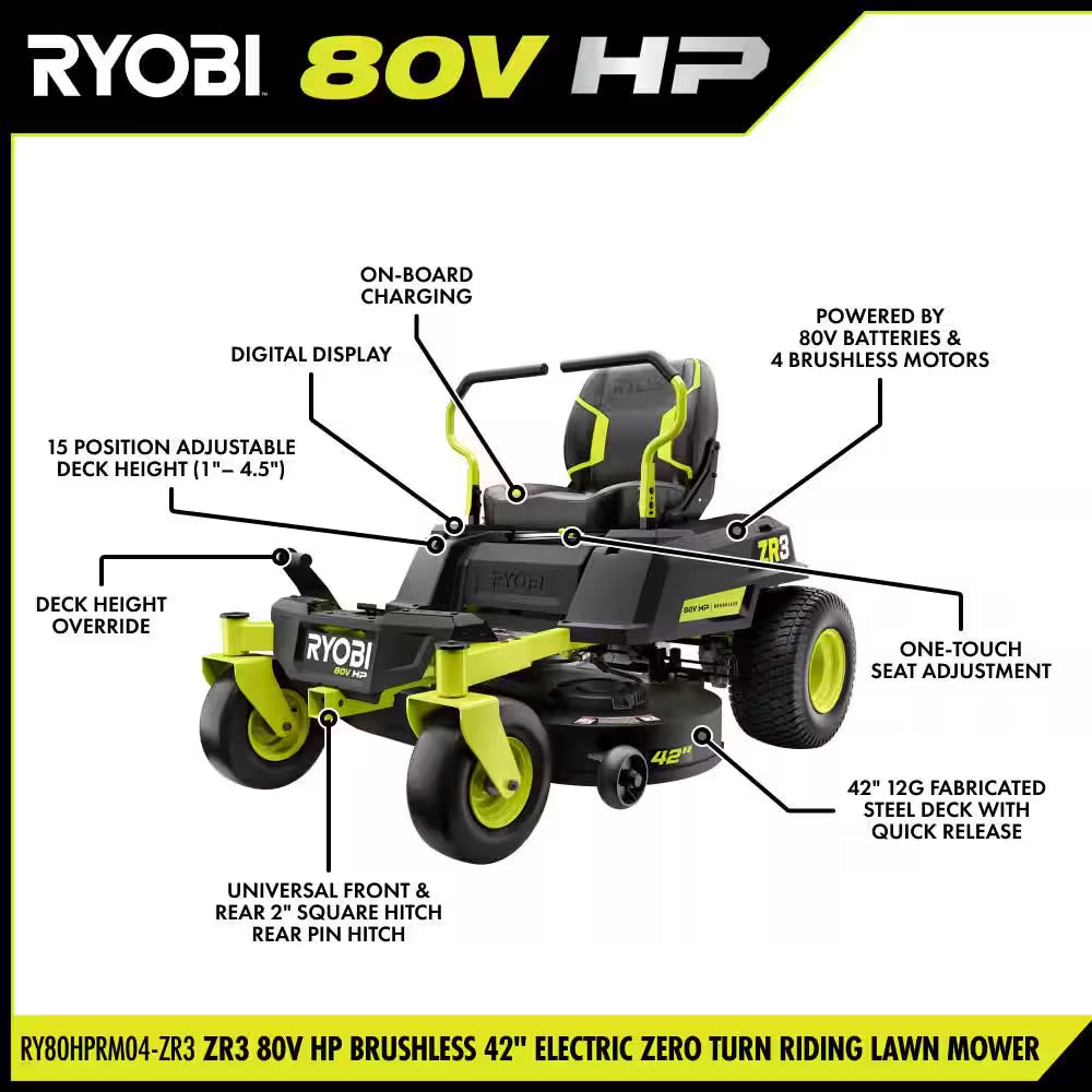 ZR3 80V HP Brushless 42 In. Electric Cordless ZTR Mower W/ Seat Suspension, Armrests, & Headlight-Batteries & Charger