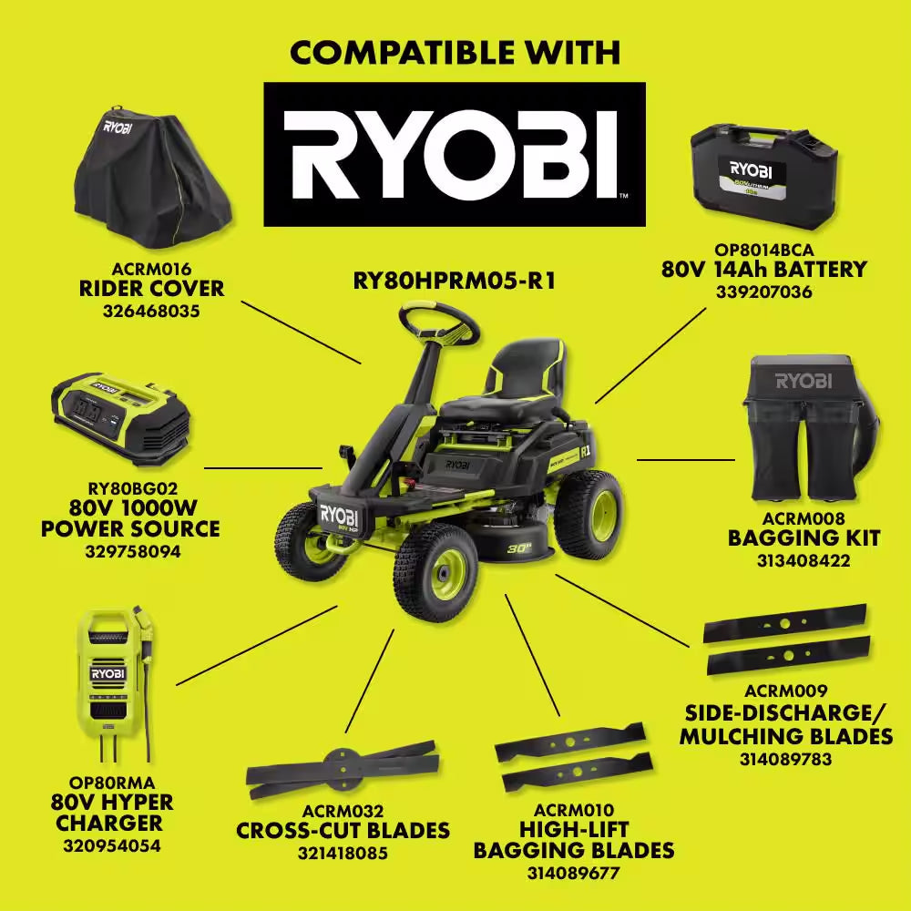 R1 80V HP Brushless Battery Cordless Electric 30 In. Riding Mower with Bagger, 14.0 Ah Battery and Charger