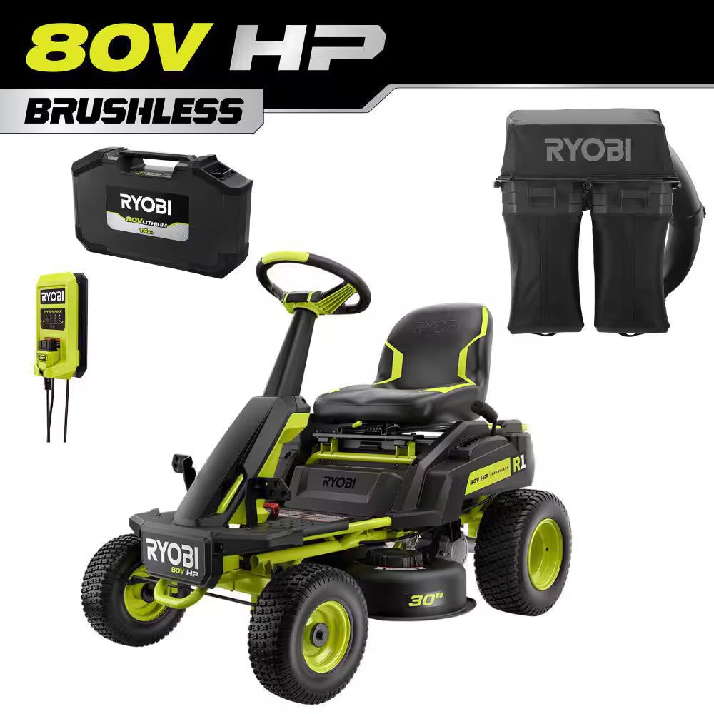 R1 80V HP Brushless Battery Cordless Electric 30 In. Riding Mower with Bagger, 14.0 Ah Battery and Charger