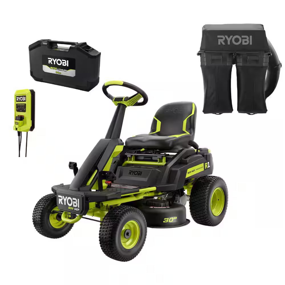 R1 80V HP Brushless Battery Cordless Electric 30 In. Riding Mower with Bagger, 14.0 Ah Battery and Charger