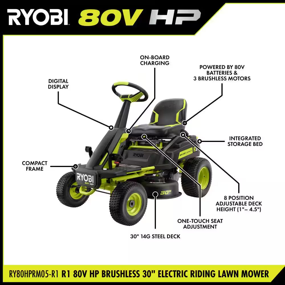 R1 80V HP Brushless Lithium Battery Cordless Electric 30 In. Riding Lawn Mower with 14 Ah Battery and Charger
